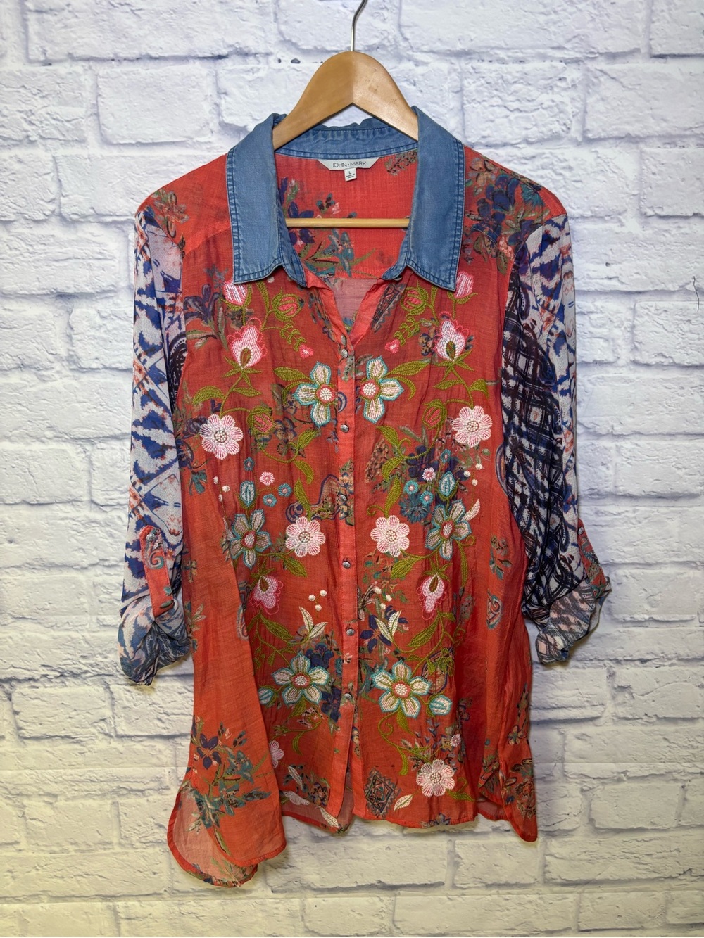John Mark Women's Multicolor Floral with Geometric Print Sleeves Tunic Blouse